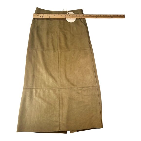 Runway-Inspired! NWT Olive Green Faux-Suede Midi Skirt S – Sleek Back Slit - Picture 4 of 7